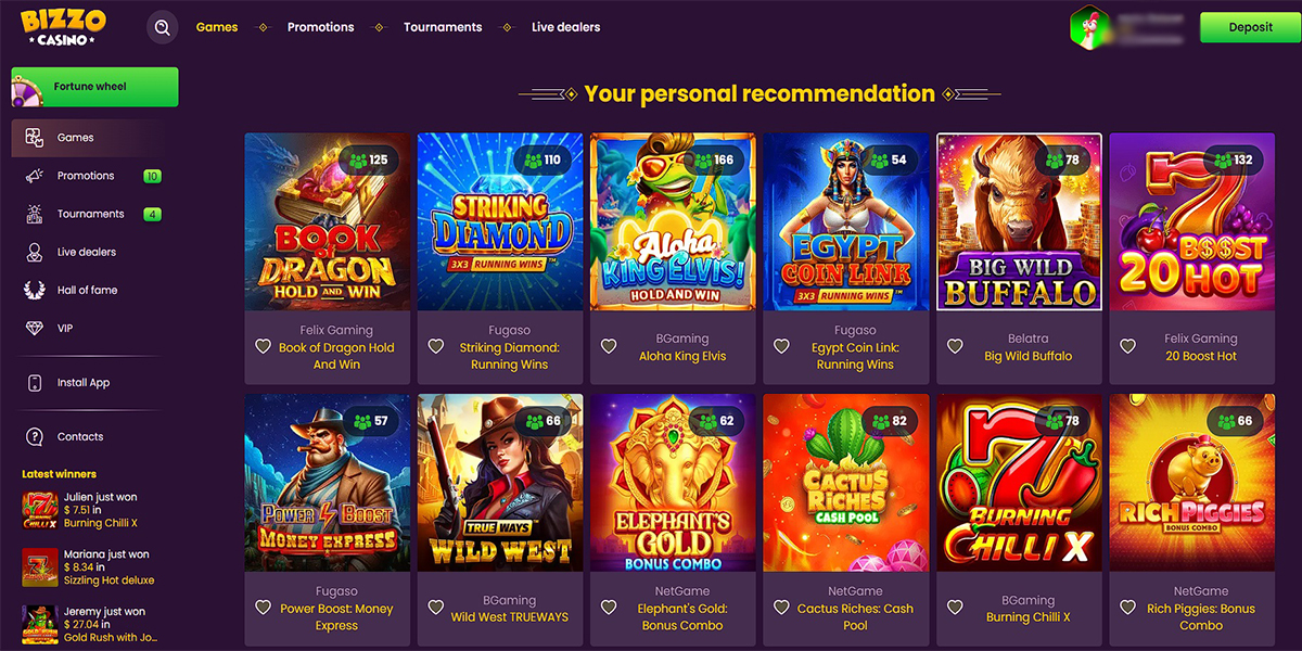 Bizzo Casino Main Page