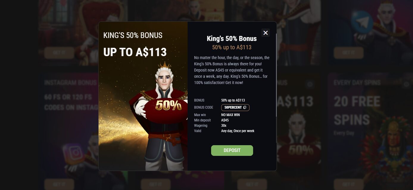 King Billy deposit match bonus