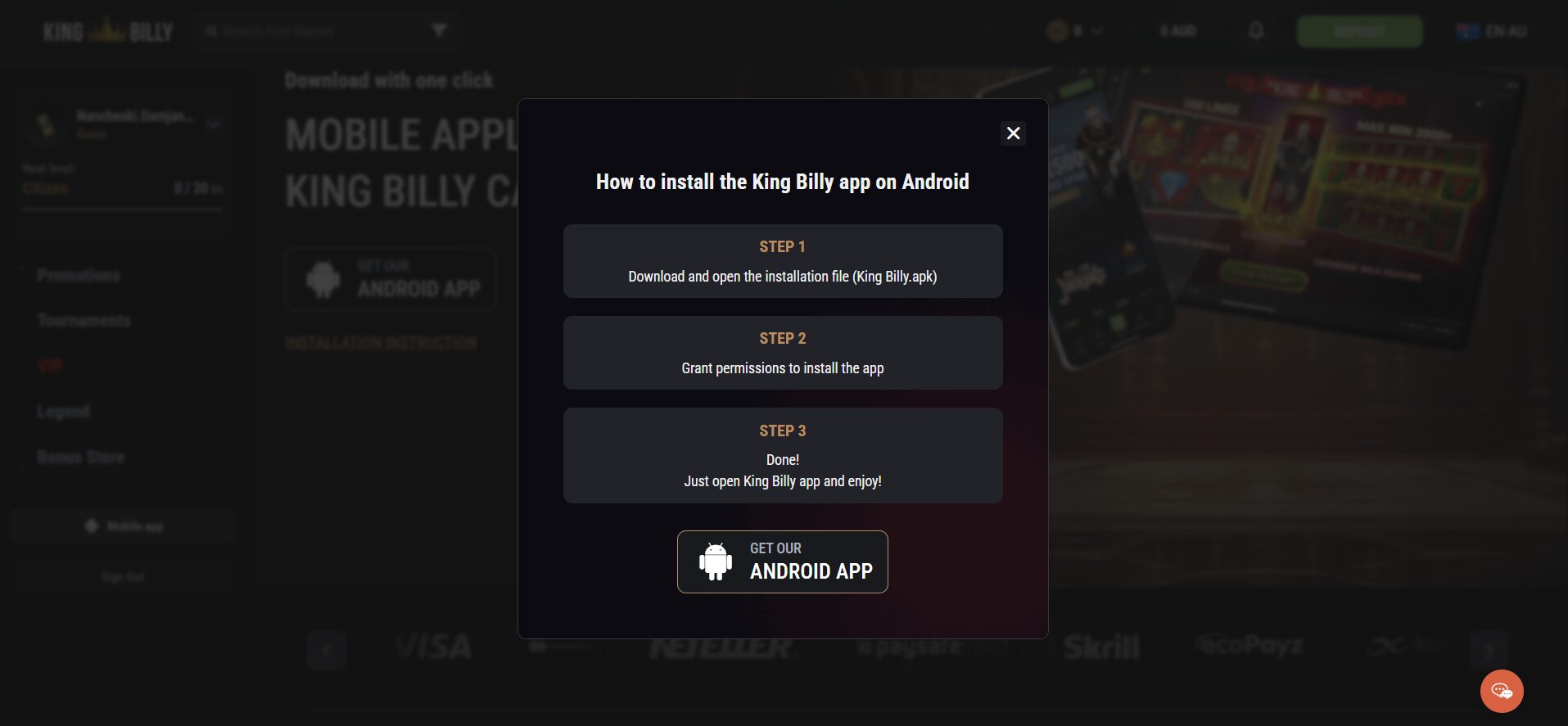 King Billy mobile app download steps