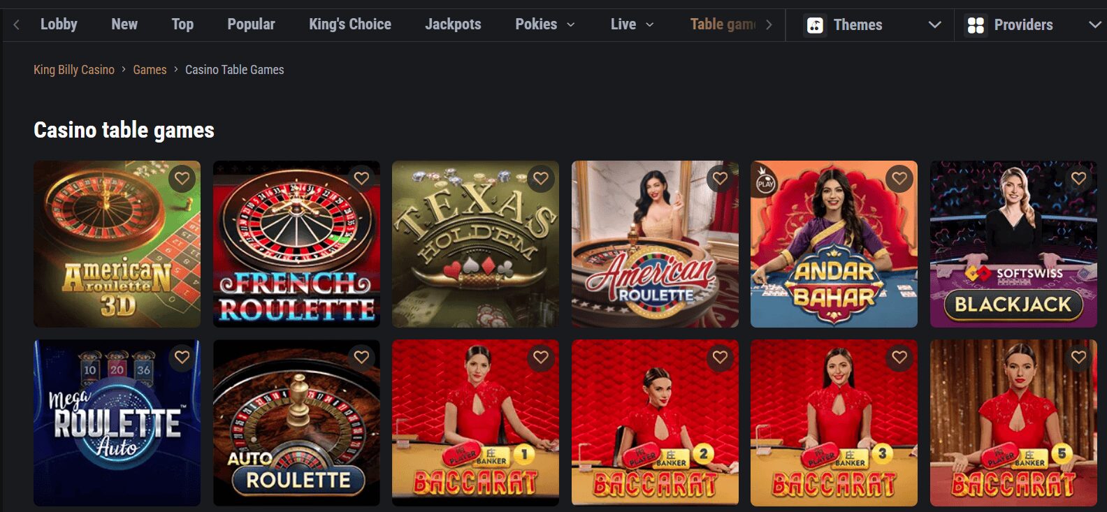 King Billy table games