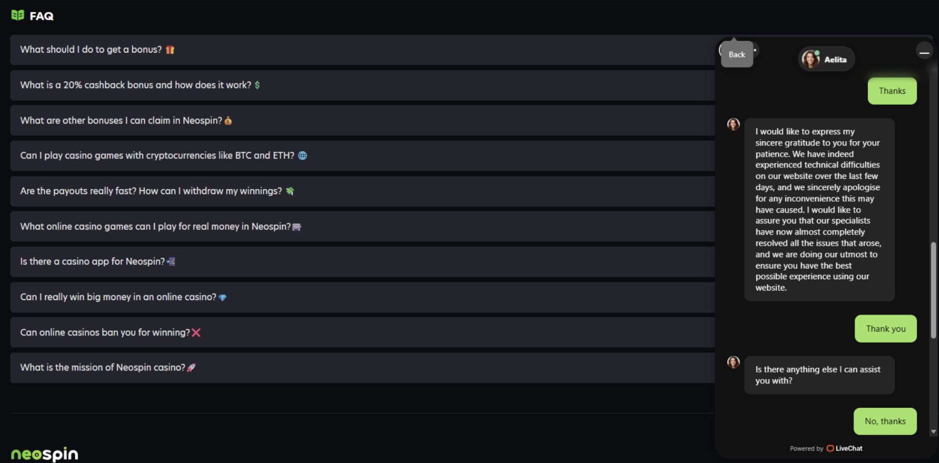 Neospin Casino Customer Support