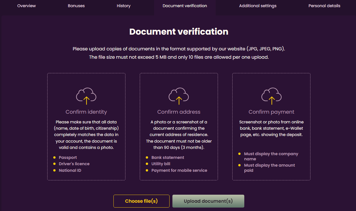 Bizzo Casino KYC document verification