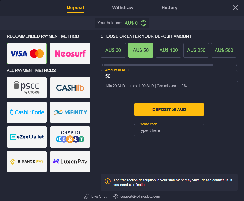 Rolling Slots Payment Methods