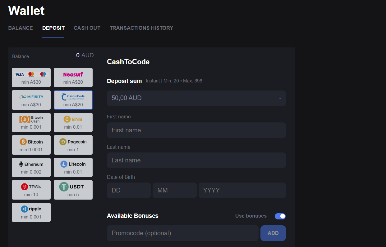 SkyCrown Casino wallet