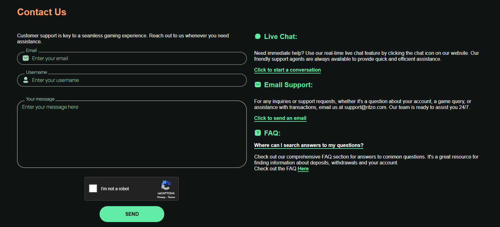 Ritzo Casino customer support