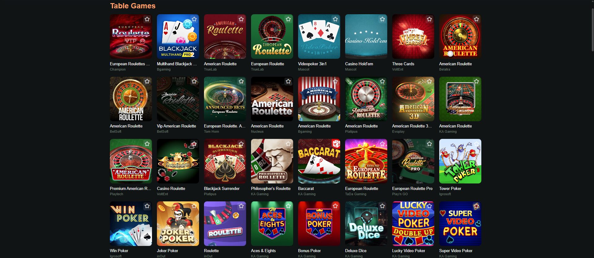 Ritzo Casino Table Games