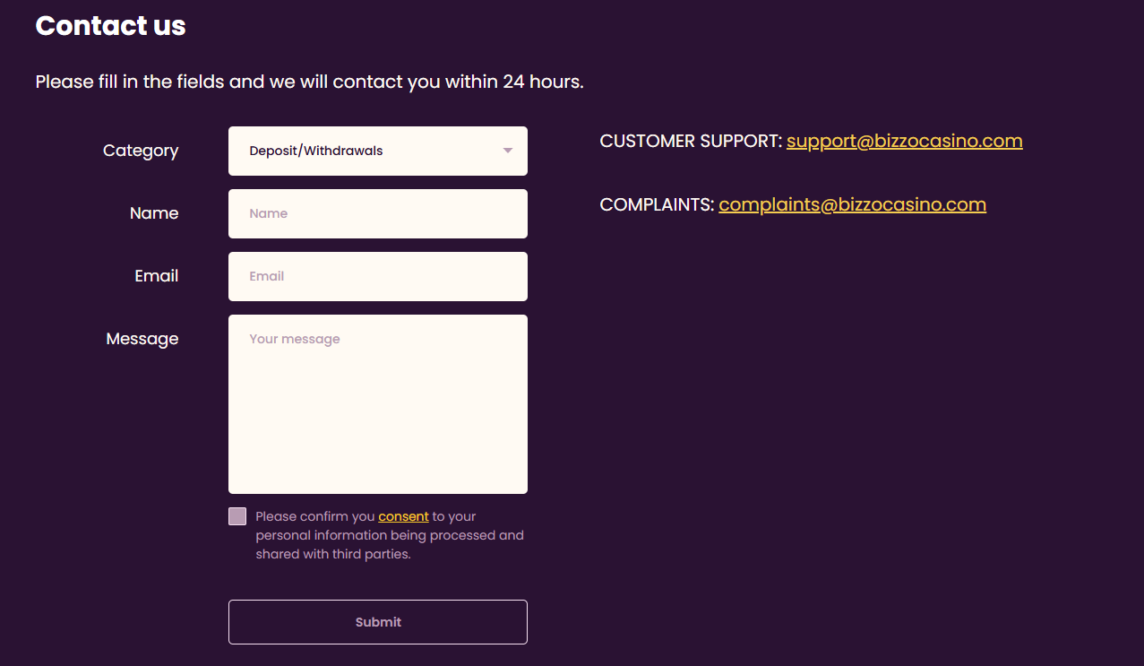 Bizzo Casino contact us page