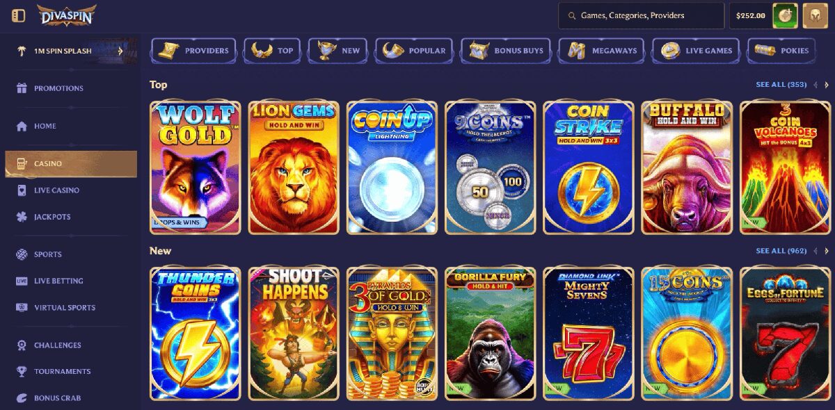 DivaSpin Casino game lobby