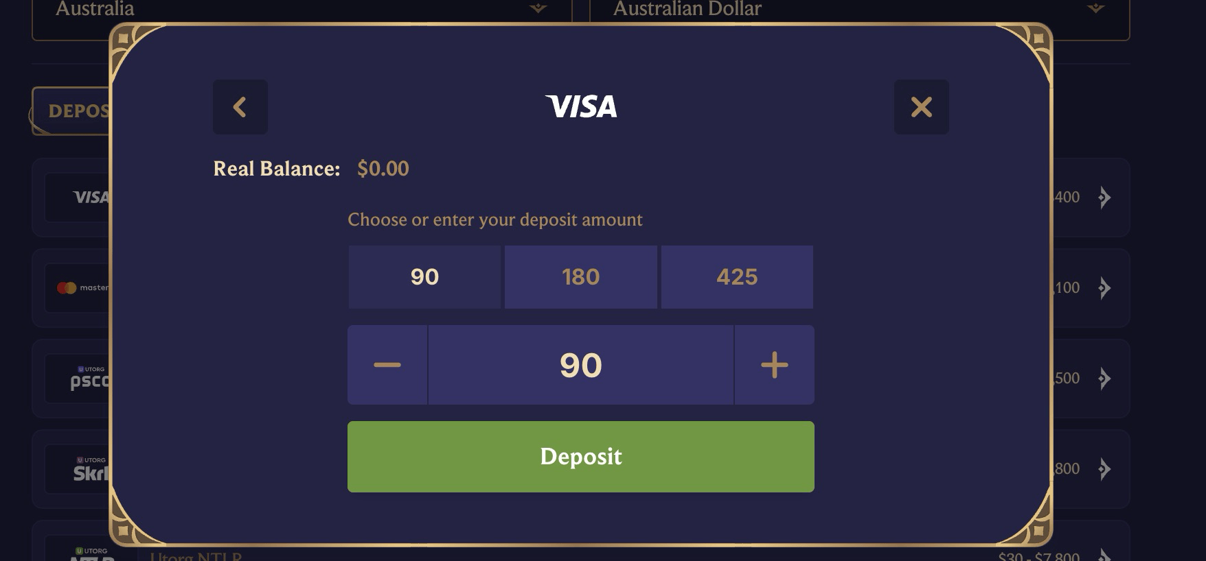 DivaSpin Casino Cashier Visa Deposit