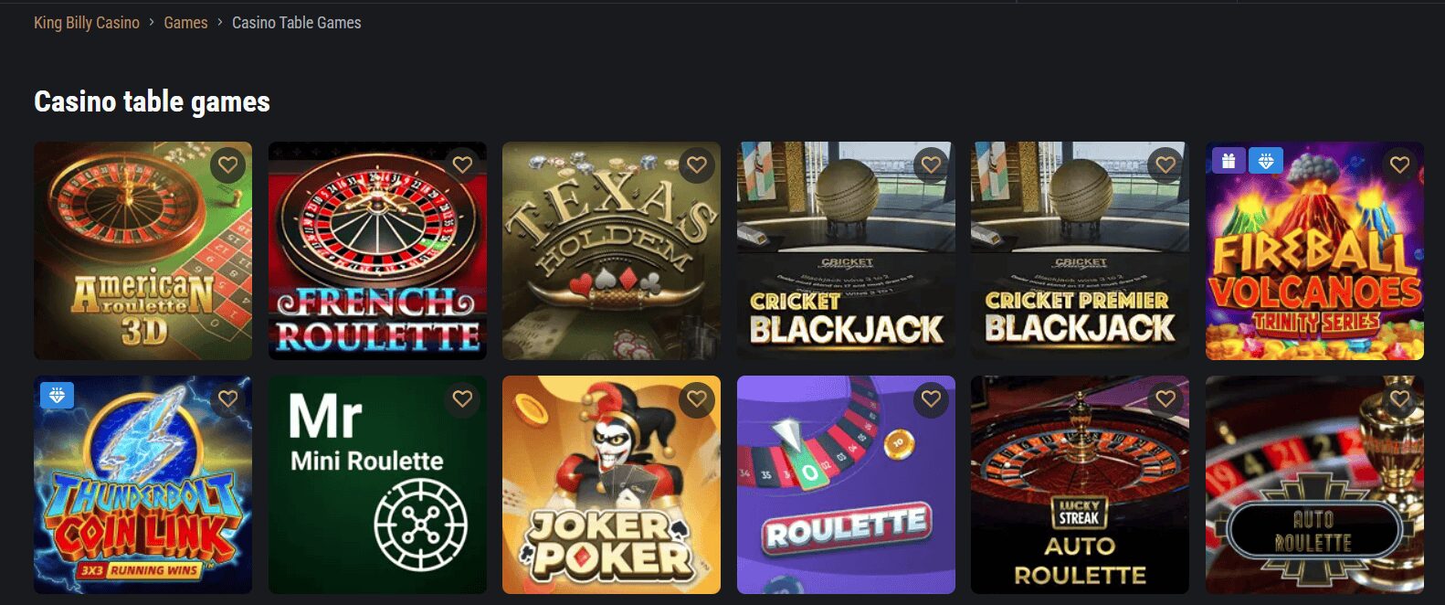 King Billy casino table games