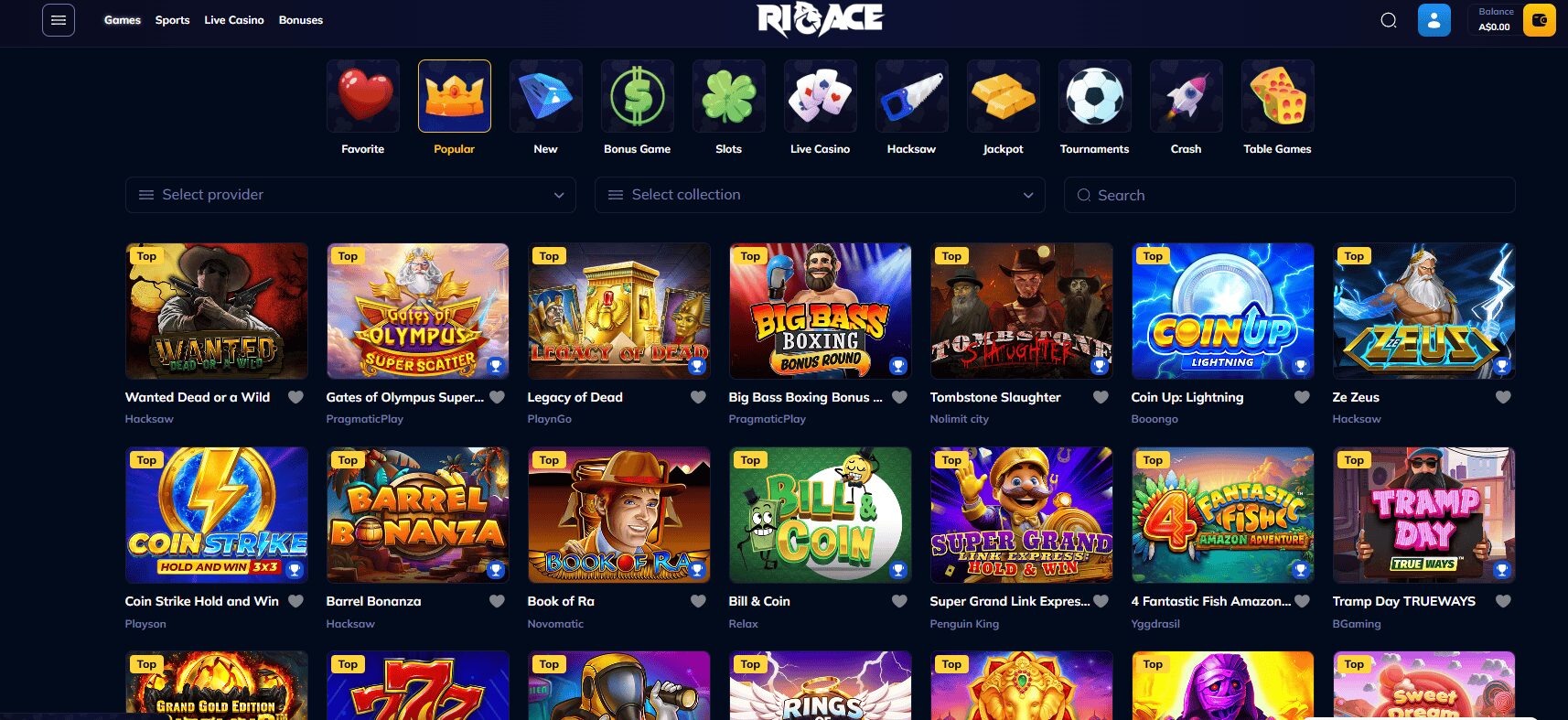 RioAce Casino Game Lobby