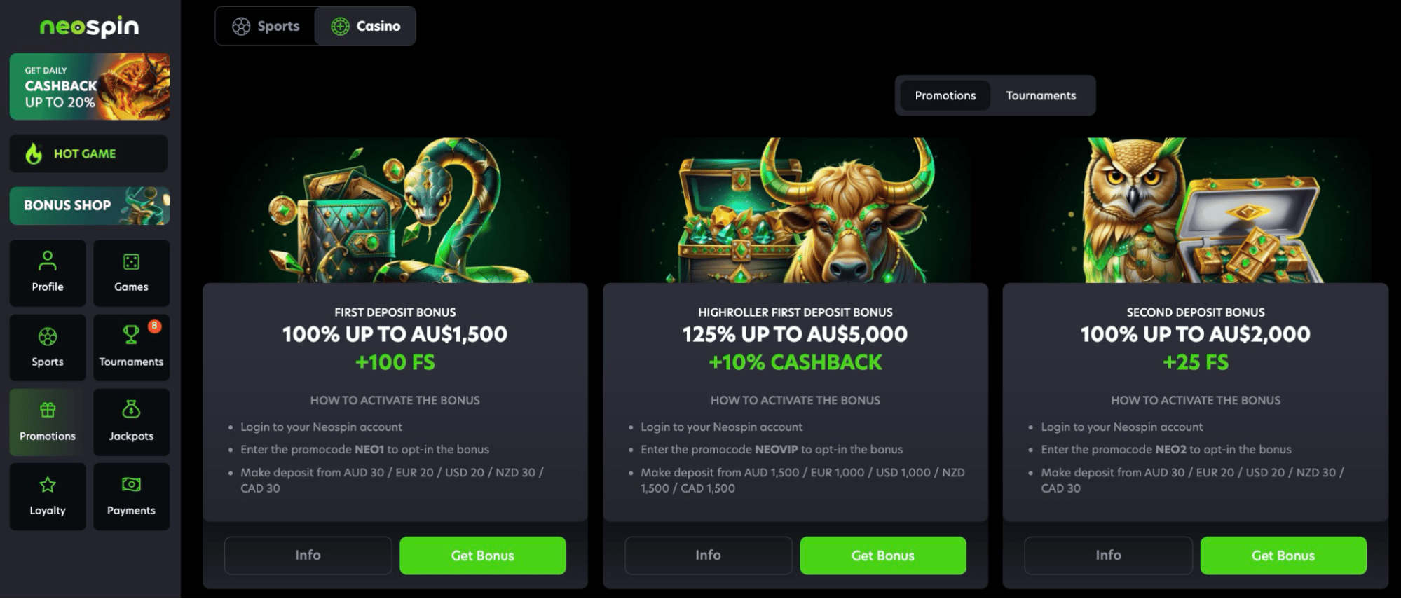 Neospin bonuses