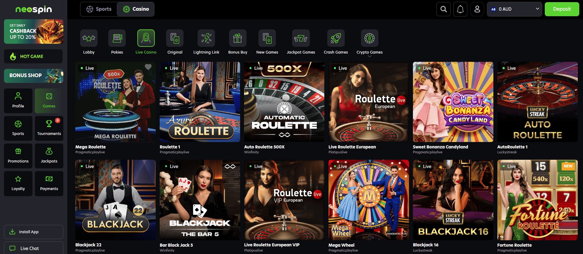 Neospin Live Dealer lobby