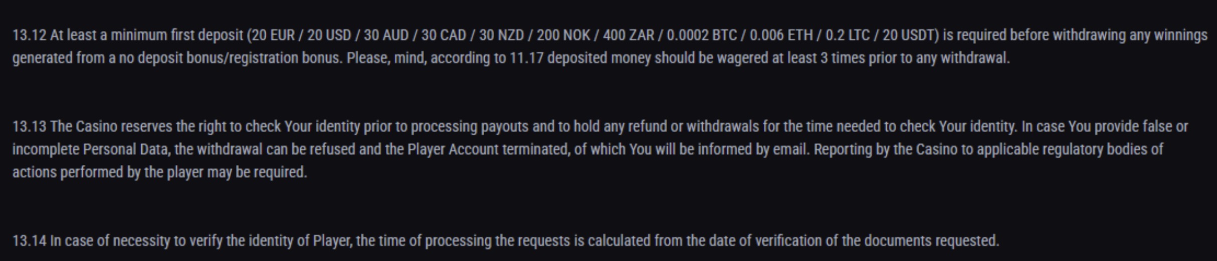 King Billy deposit terms