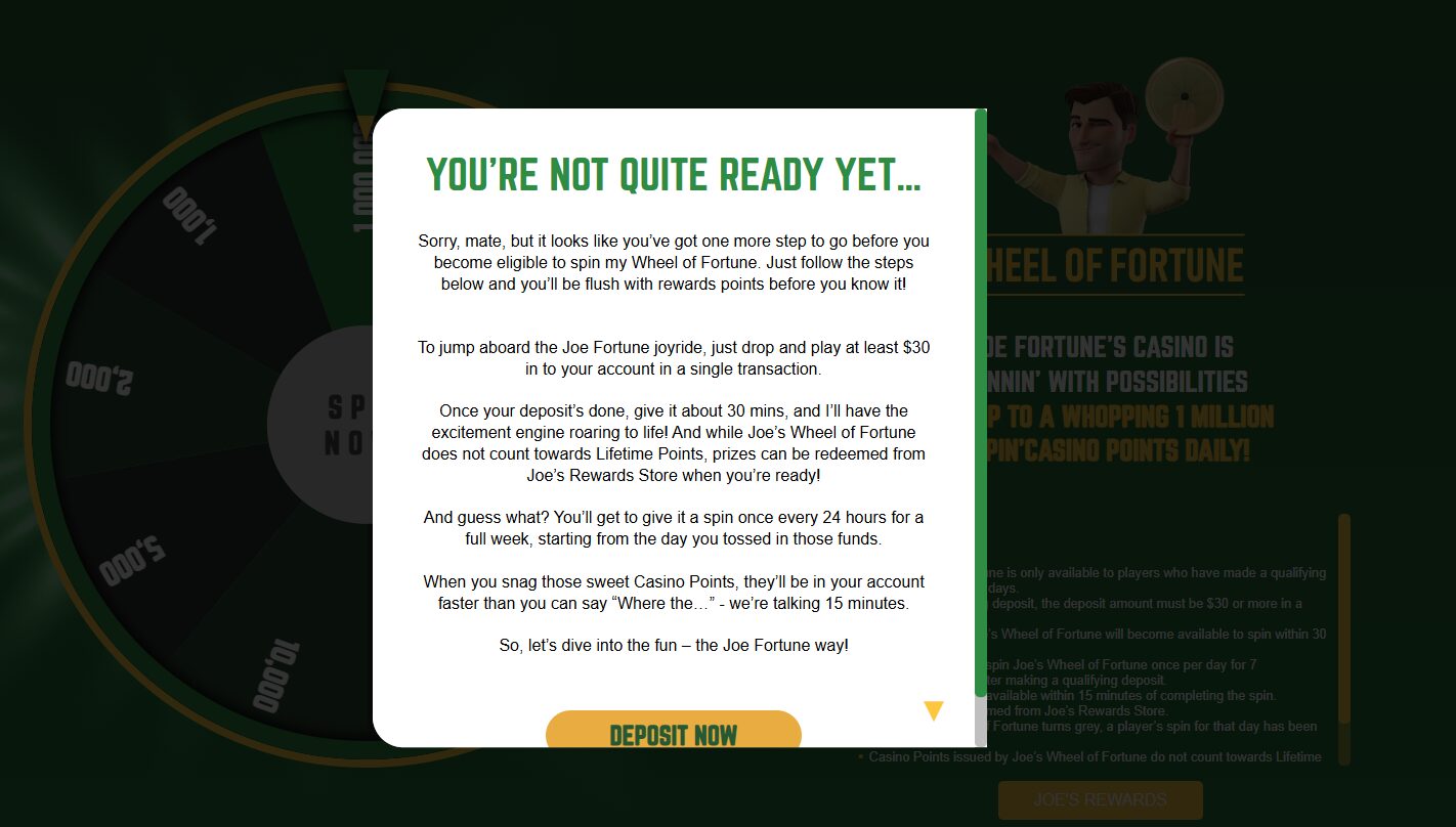 Joe Fortune Casino Prize Wheel details