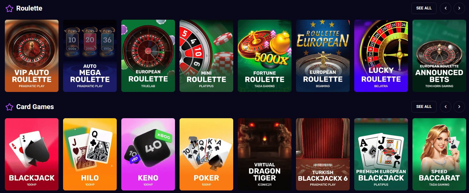 Lucky7even Casino Table Games