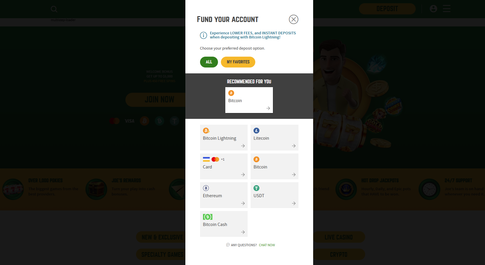 Joe Fortune Casino Payment Methods
