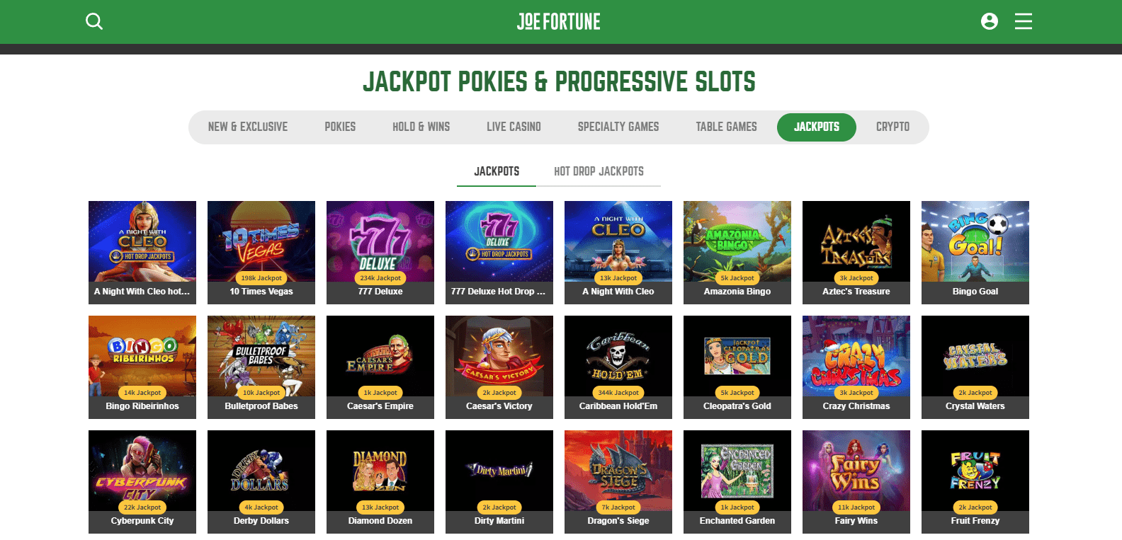 Joe Fortune Casino Jackpot Games