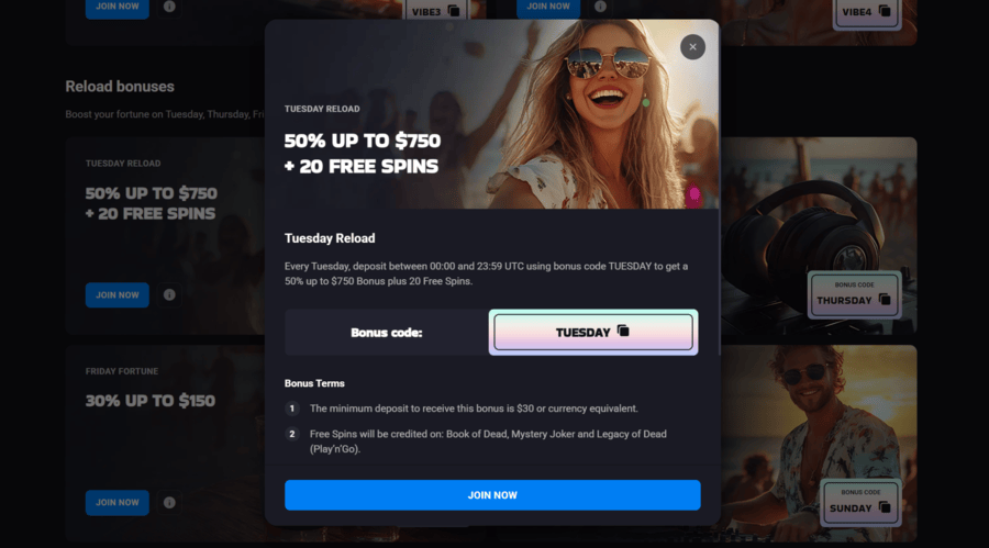 Lucky Vibe thursday reload bonus details