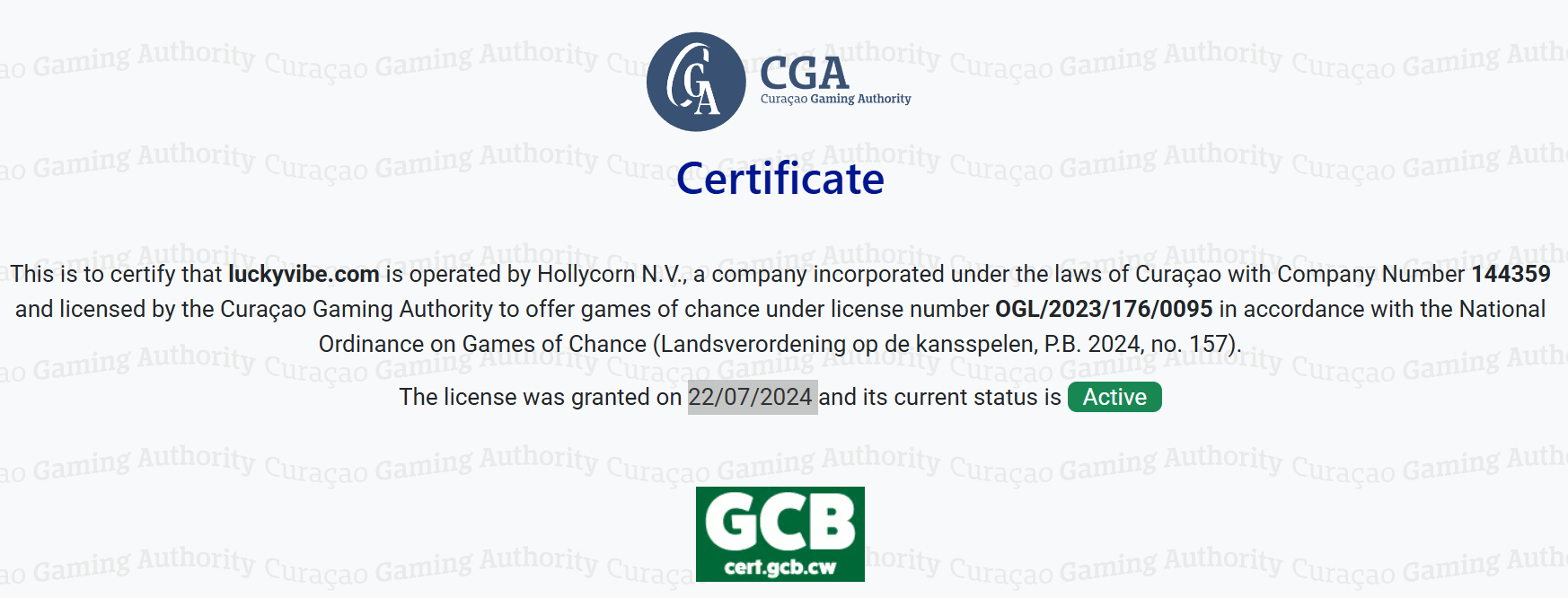 Lucky Vibe Casino license certificate