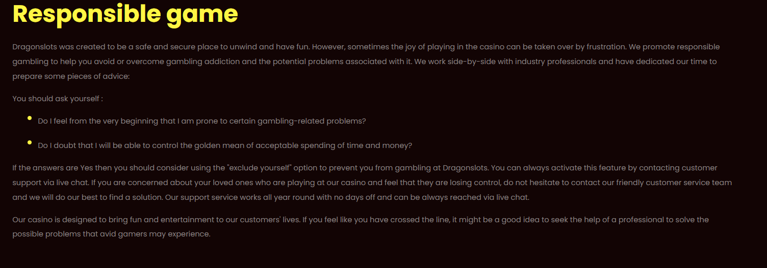 DragonSlots responsible gambling policy