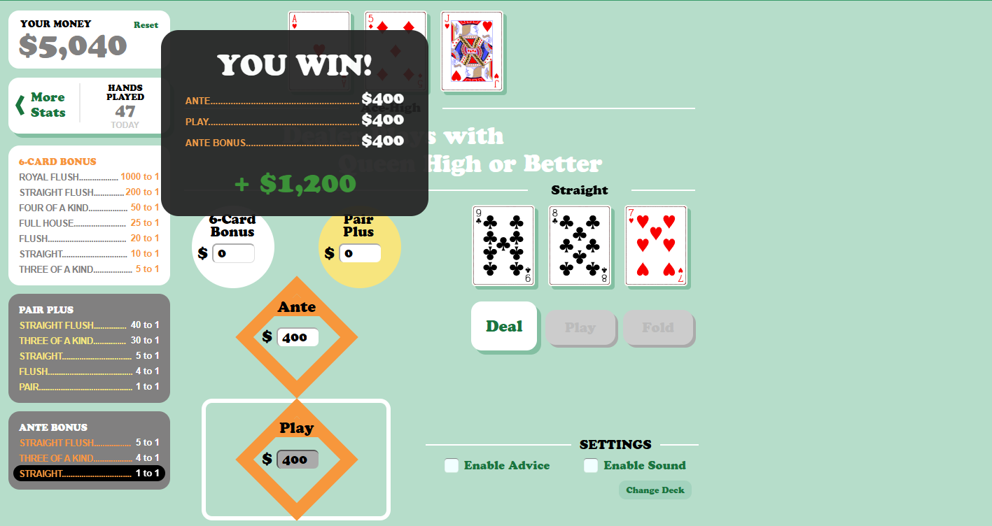 Three Card Poker Gameplay - Winning Hand
