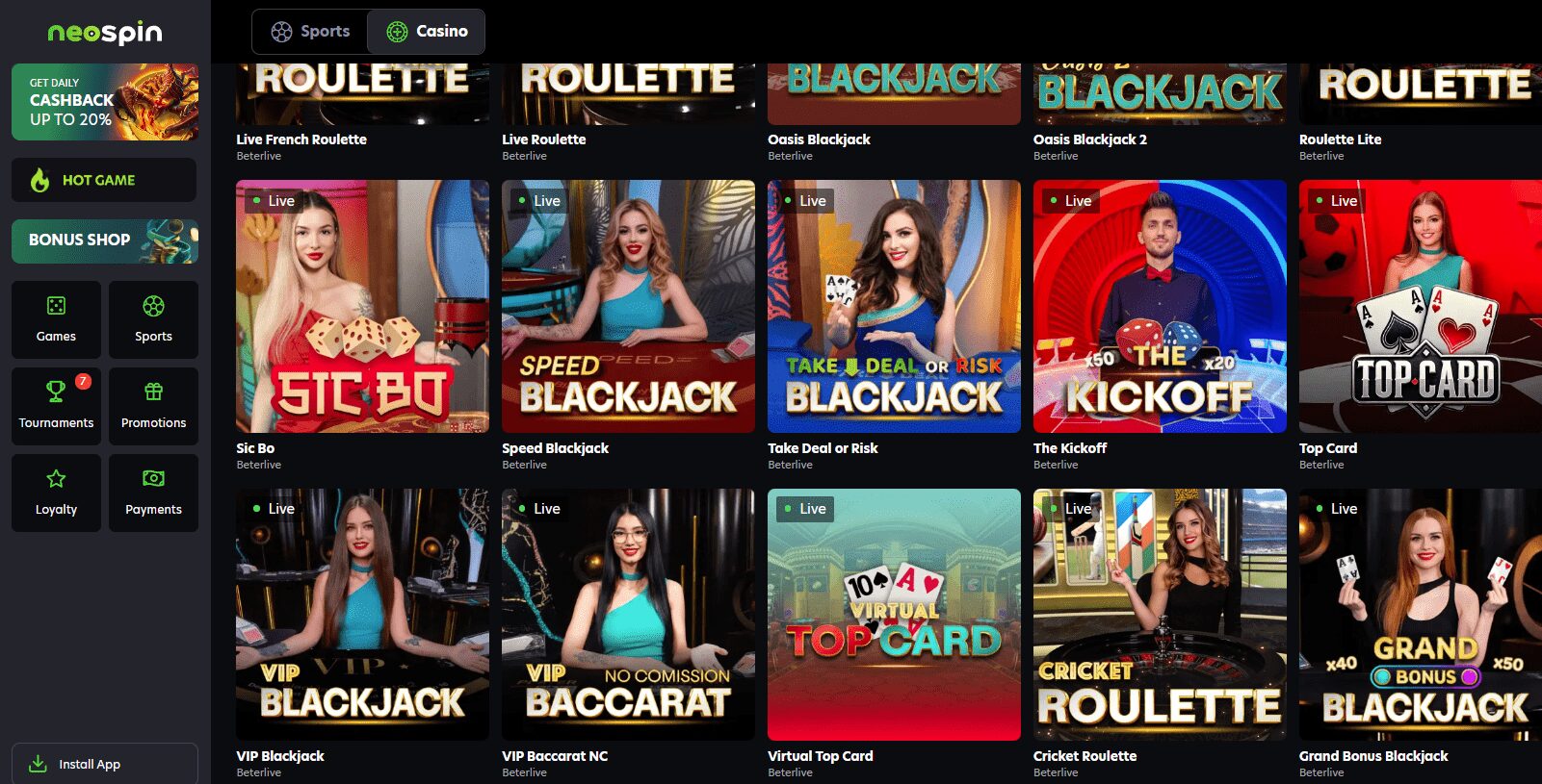 Neospin Live Casino Games