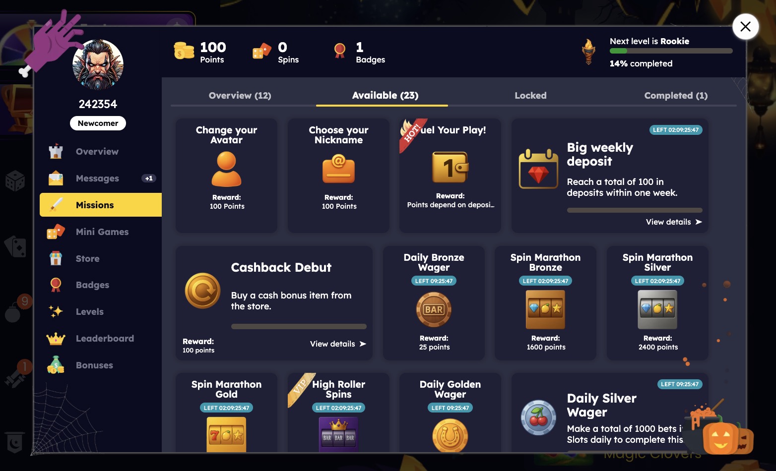 SlotsGem Casino Missions points available
