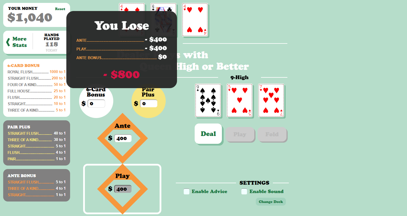 Three Card Poker Gameplay - Losing Hand
