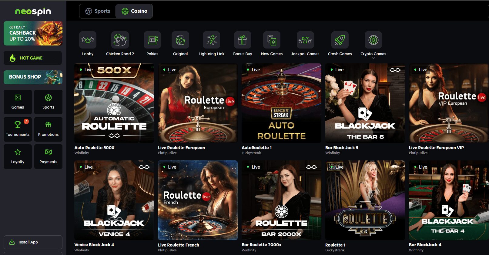 Neospin RNG and live dealers