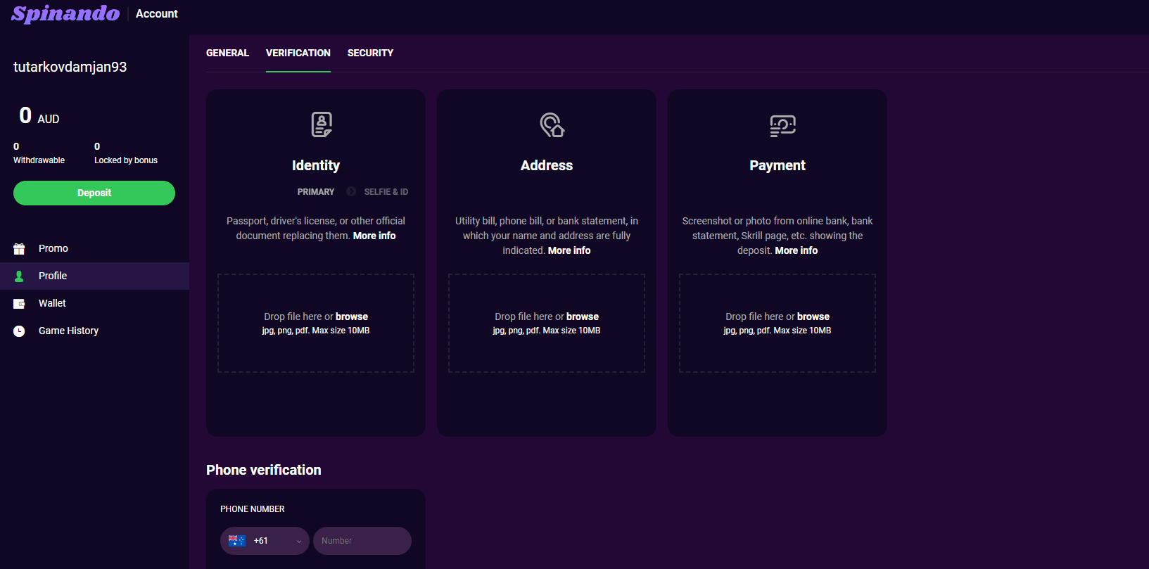 Spinando Casino KYC verification