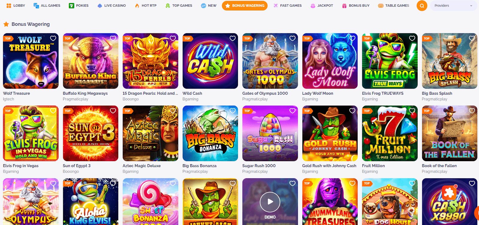 Boho Casino bonus wagering tab with games
