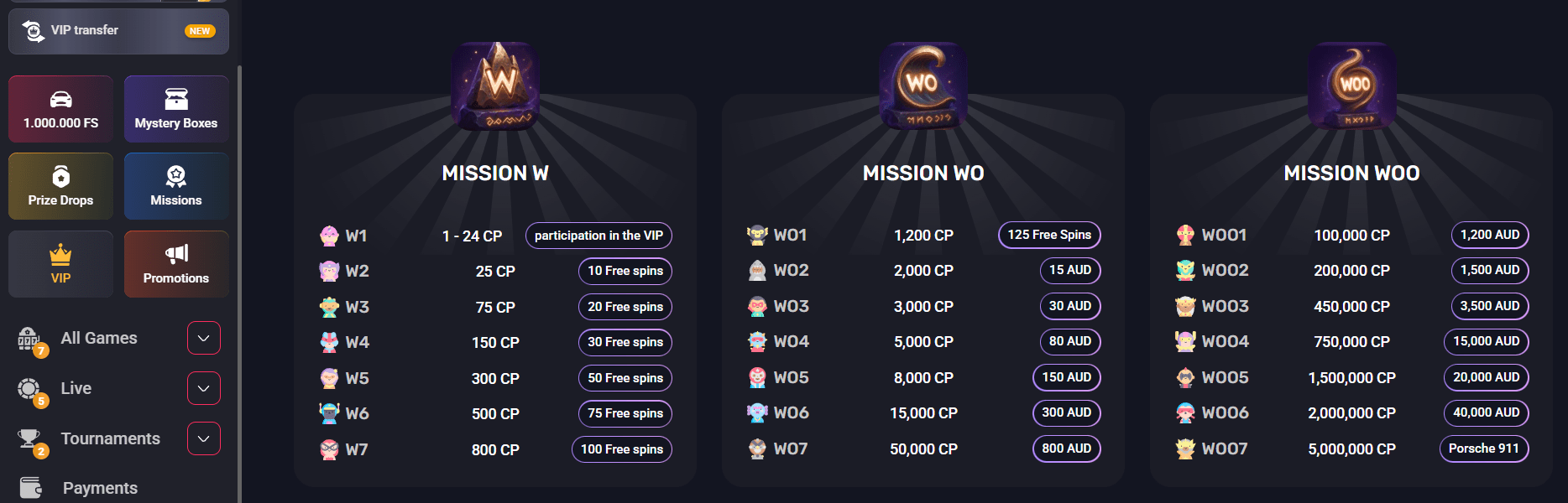 Woo Casino VIP missions