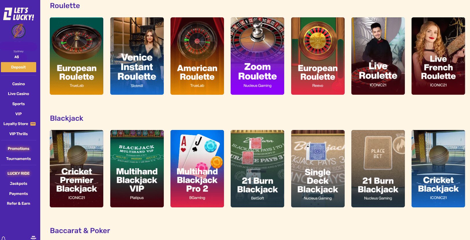 Let's Lucky Casino table games