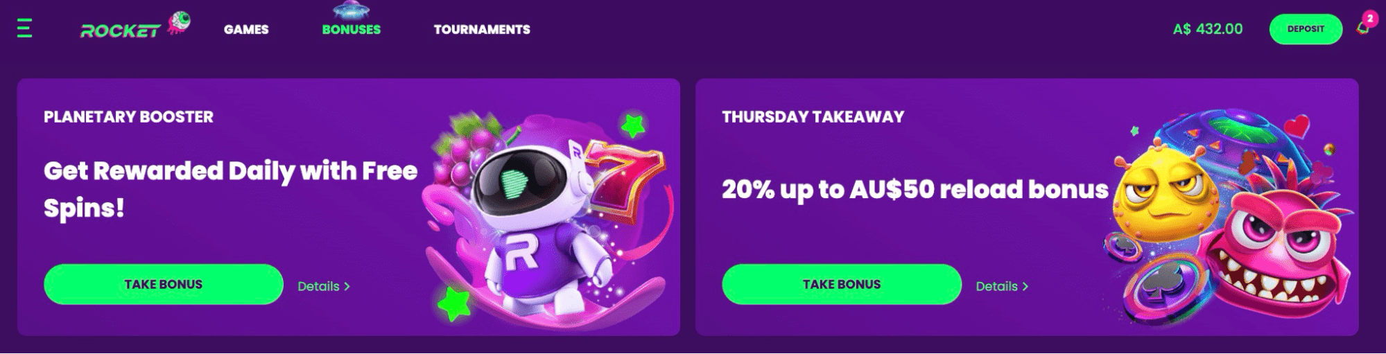 Rocket Casino deposit match and free spins promo