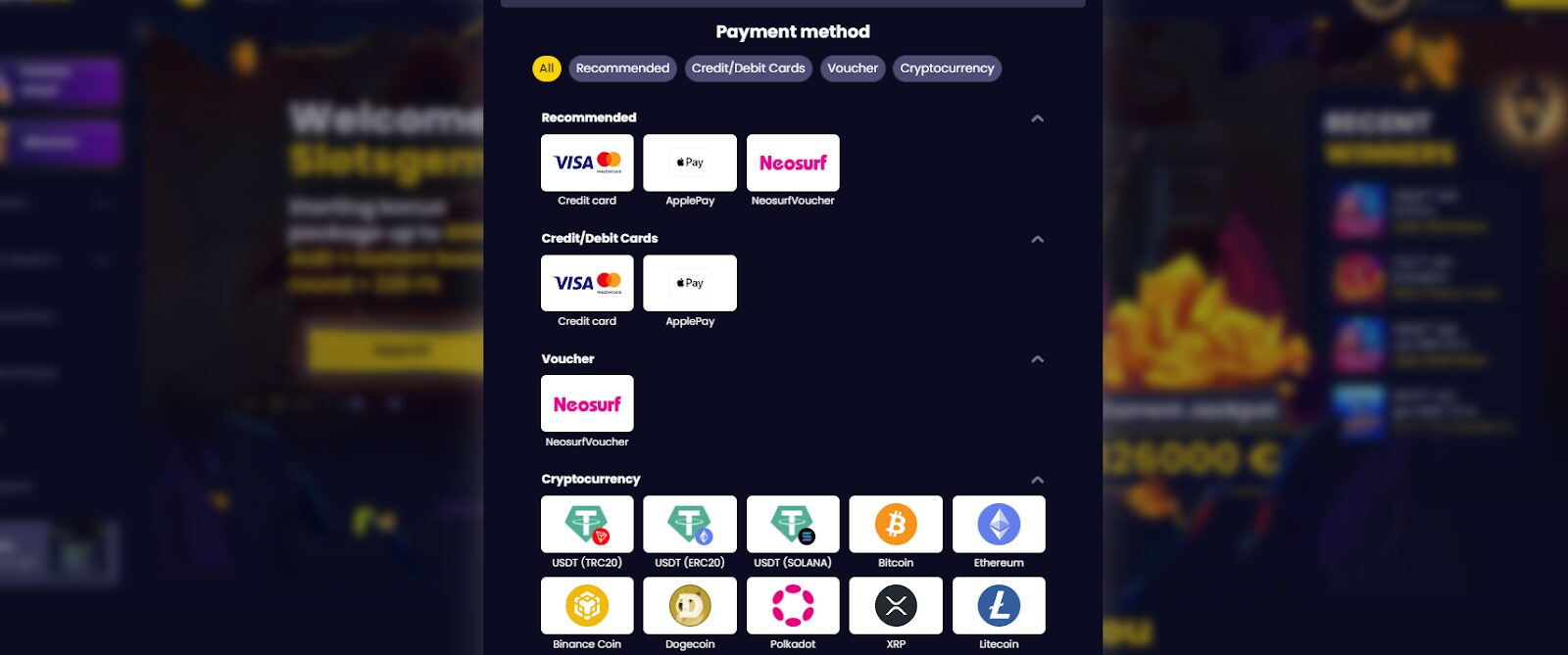 SlotsGem Casino Payment Methods