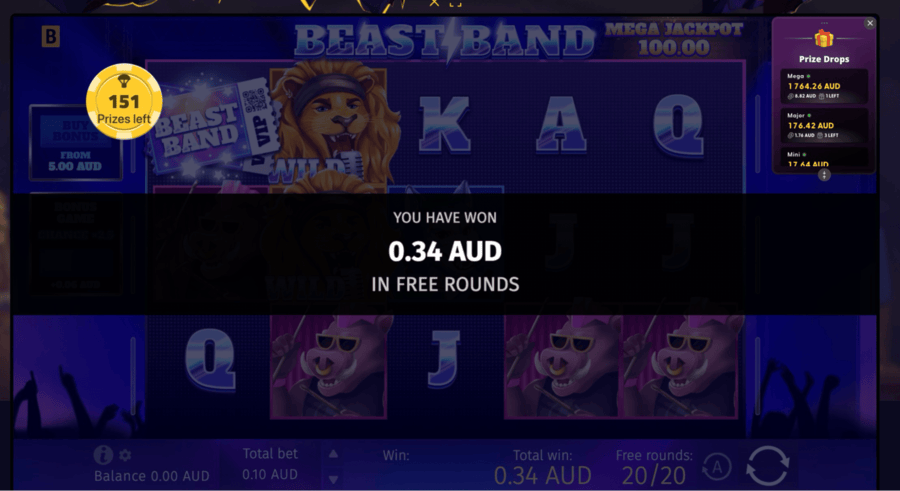 SlotsGem Casino Beast Band 0.34 won from free spins