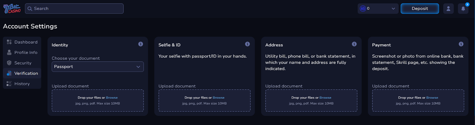 7Bit Casino account settings and verification