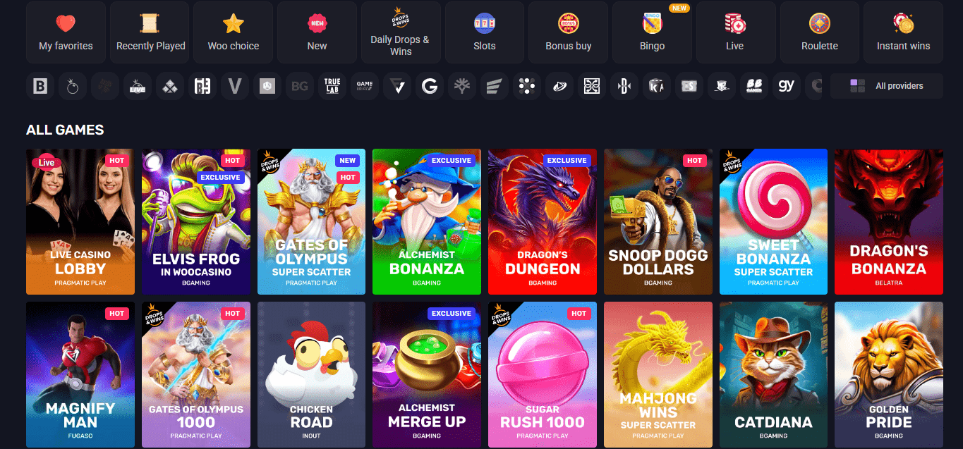 Woo Casino game lobby