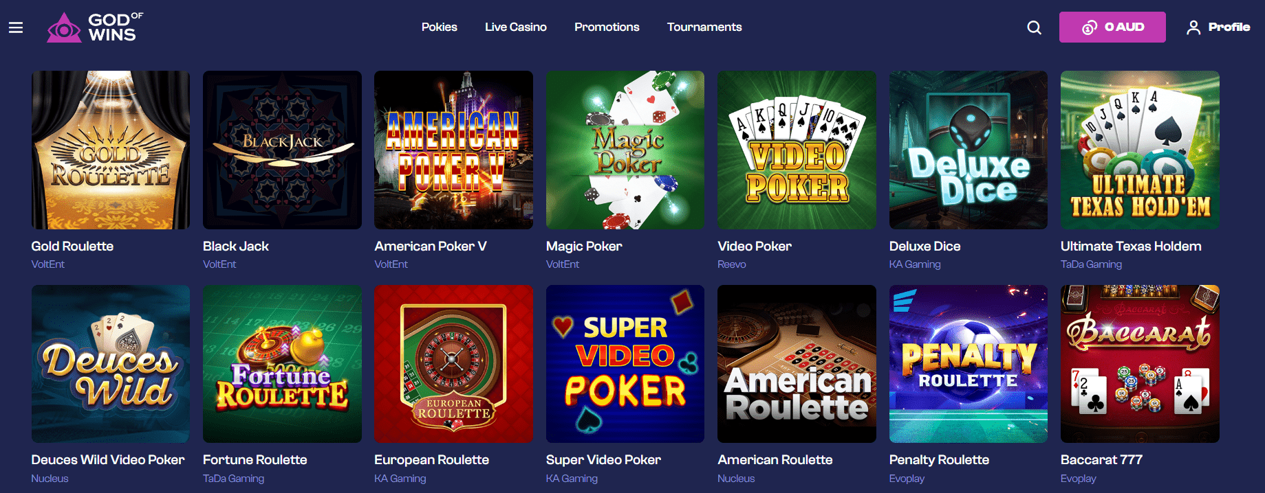 God of Wins Casino table games