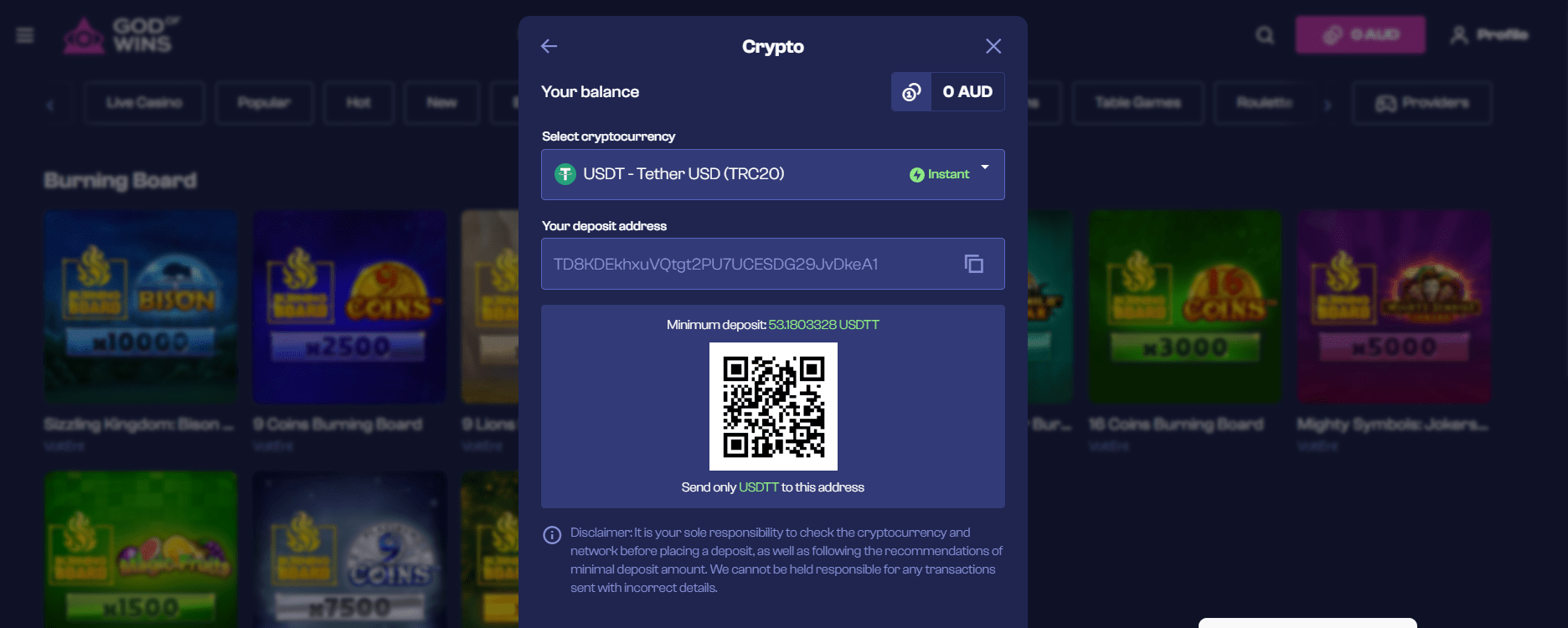 God of Wins Casino crypto deposit