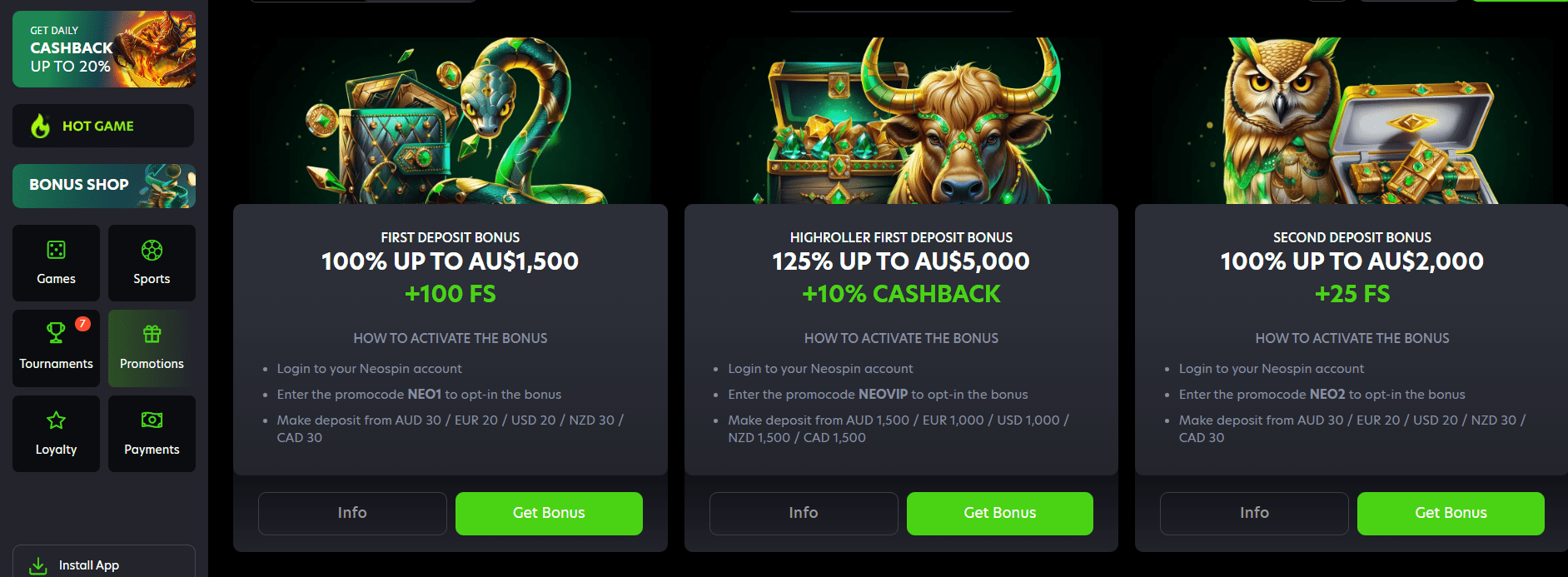 Neospin High Roller first deposit bonus