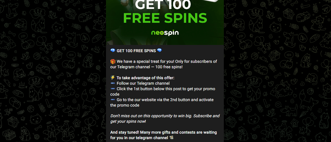 Neospin Casino telegram no deposit bonus