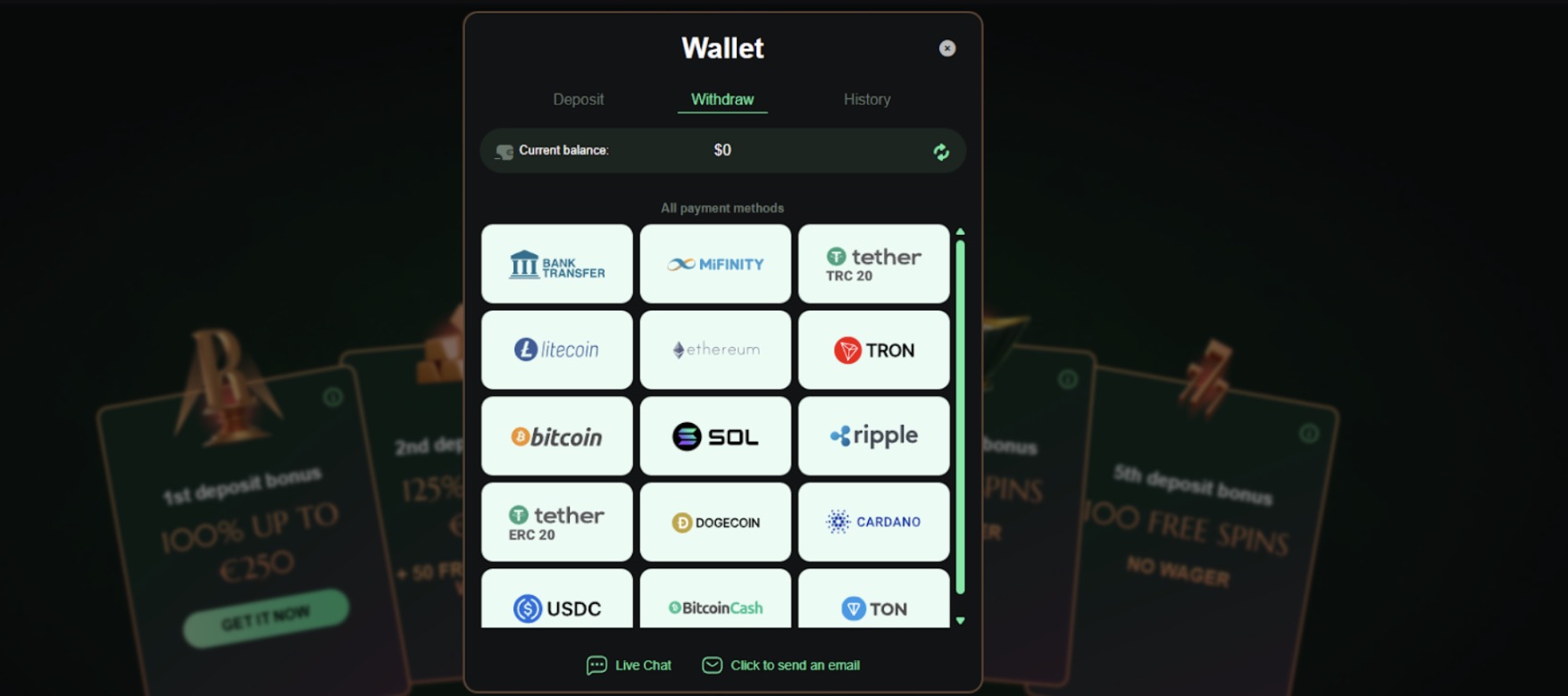 Ritzo Casino Withdrawal methods