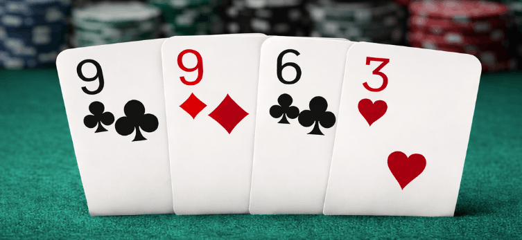 Omaha Poker example 2: 9 of Clubs, 9 of Diamonds, 6 of Clubs, 3 of Hearts