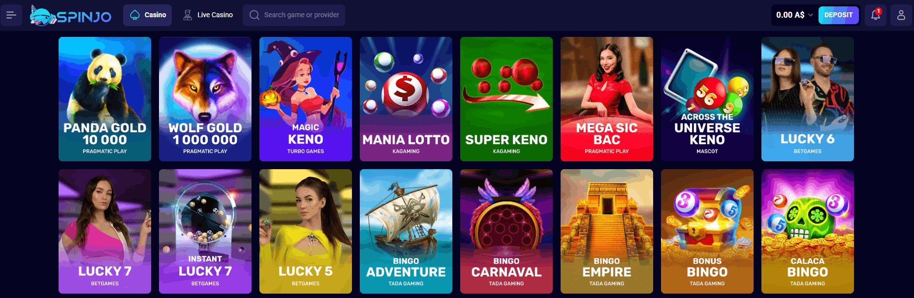 Spinjo Casino Lottery and Bingo Games
