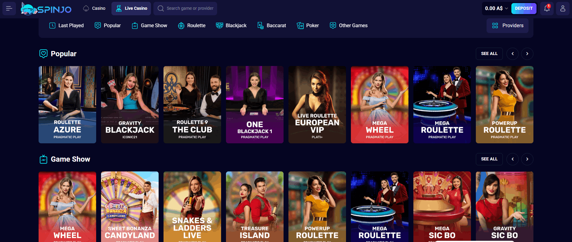 Spinjo Casino Live Deaeler Games