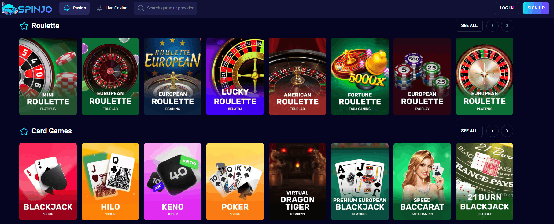 Spinjo Casino Table Games