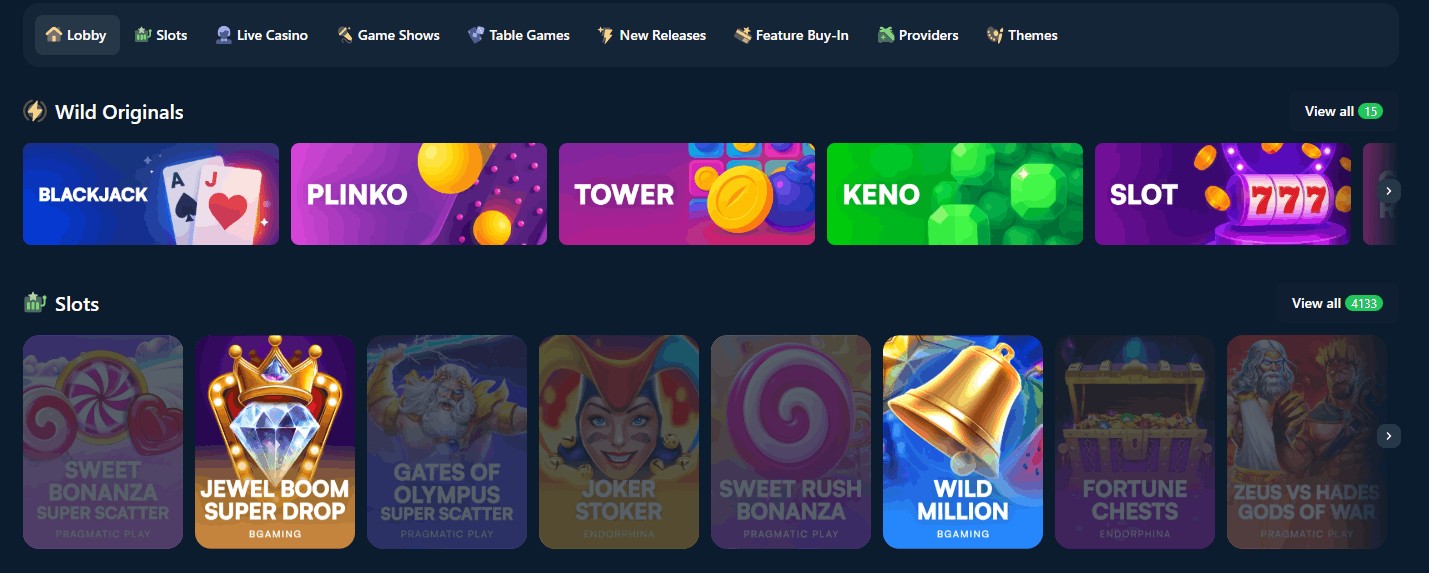 Wild.io Casino game lobby