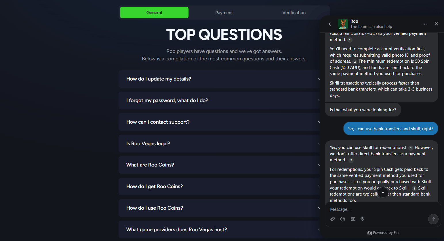 Roo Vegas Casino Customer support